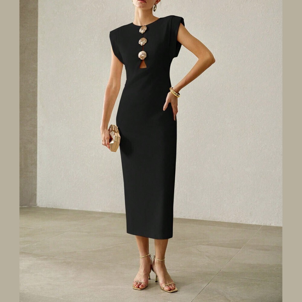 Black Shell Detailing Cutout Cap Sleeve Midi Sheath Dress